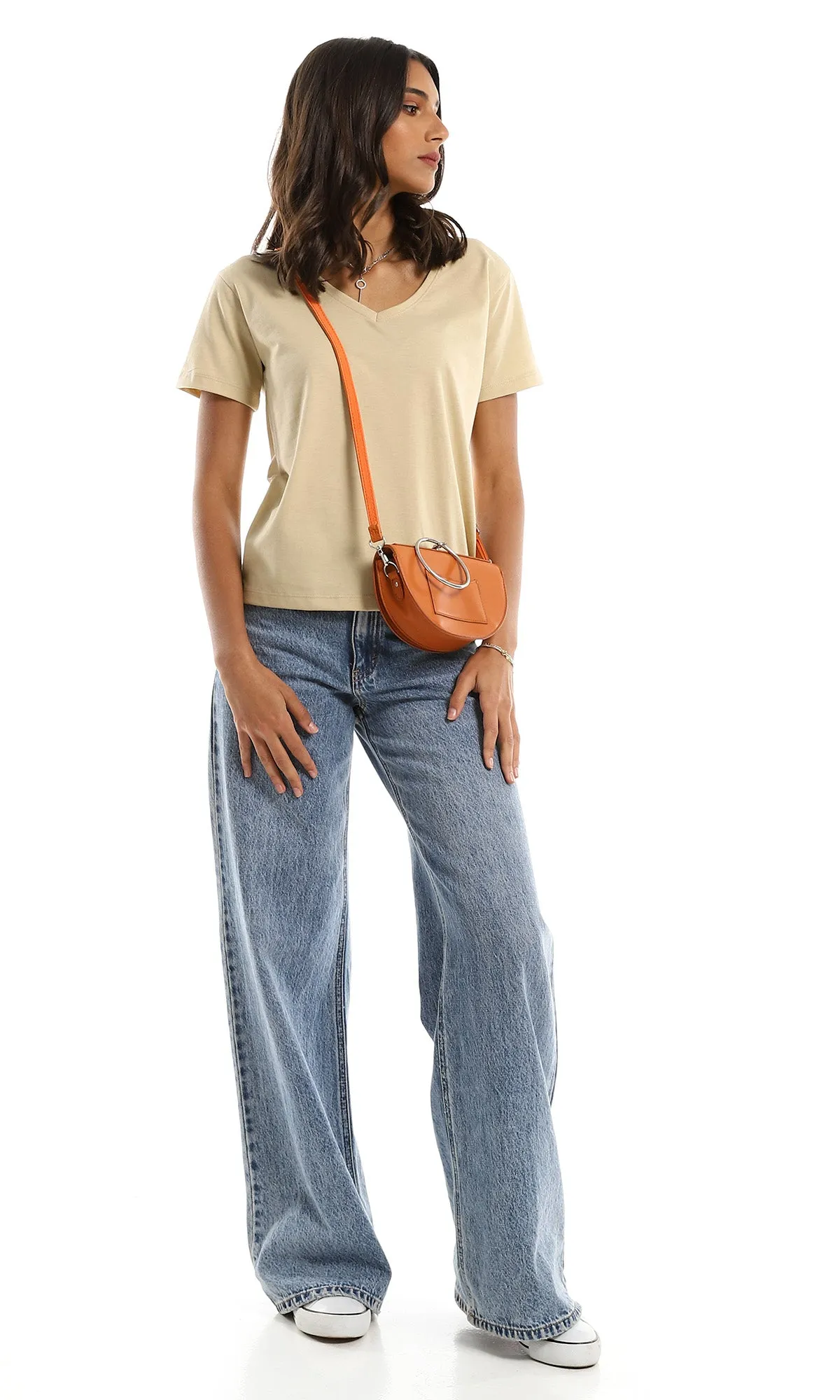 98297 Short Sleeves Dark Beige Plain Basic Tee