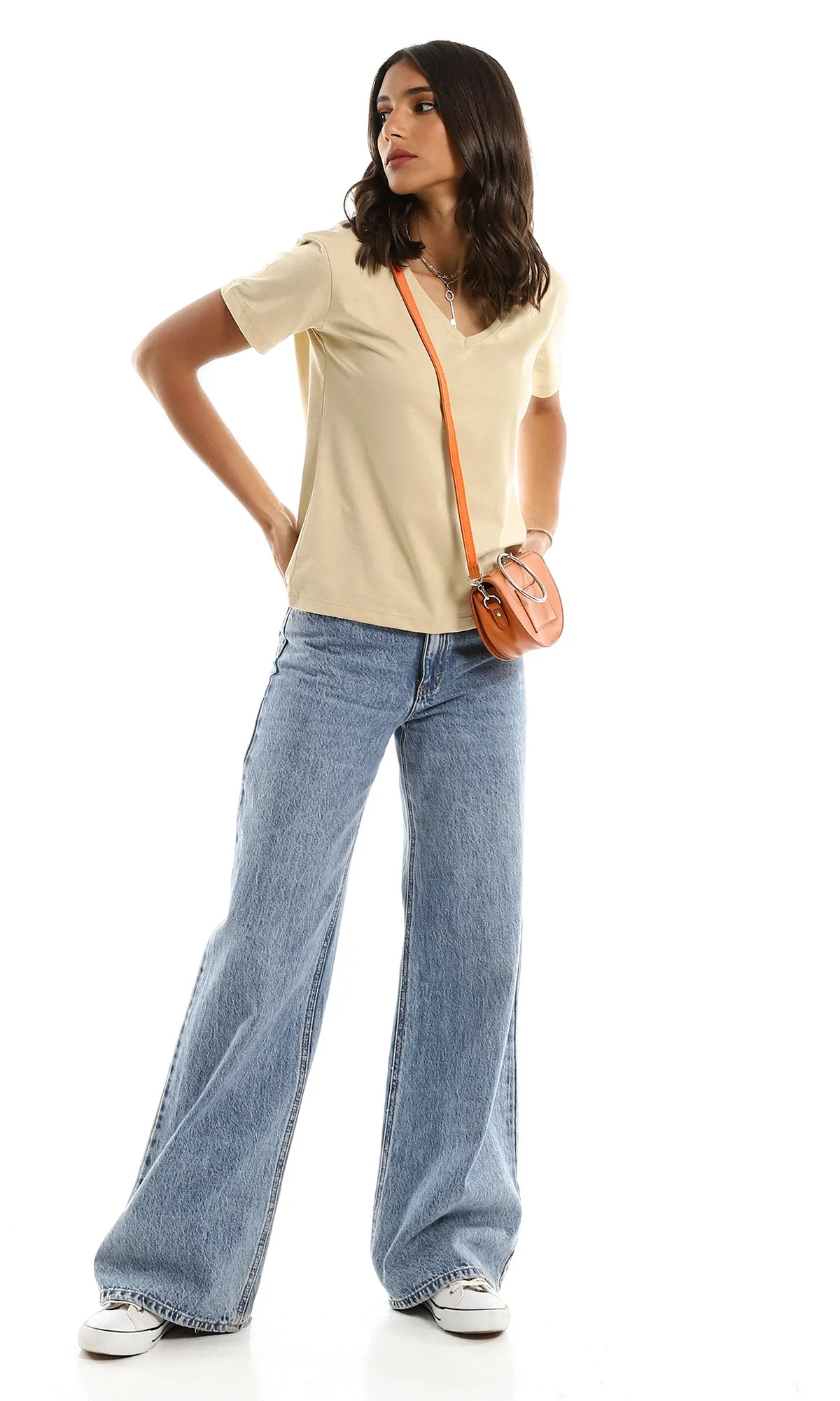 98297 Short Sleeves Dark Beige Plain Basic Tee