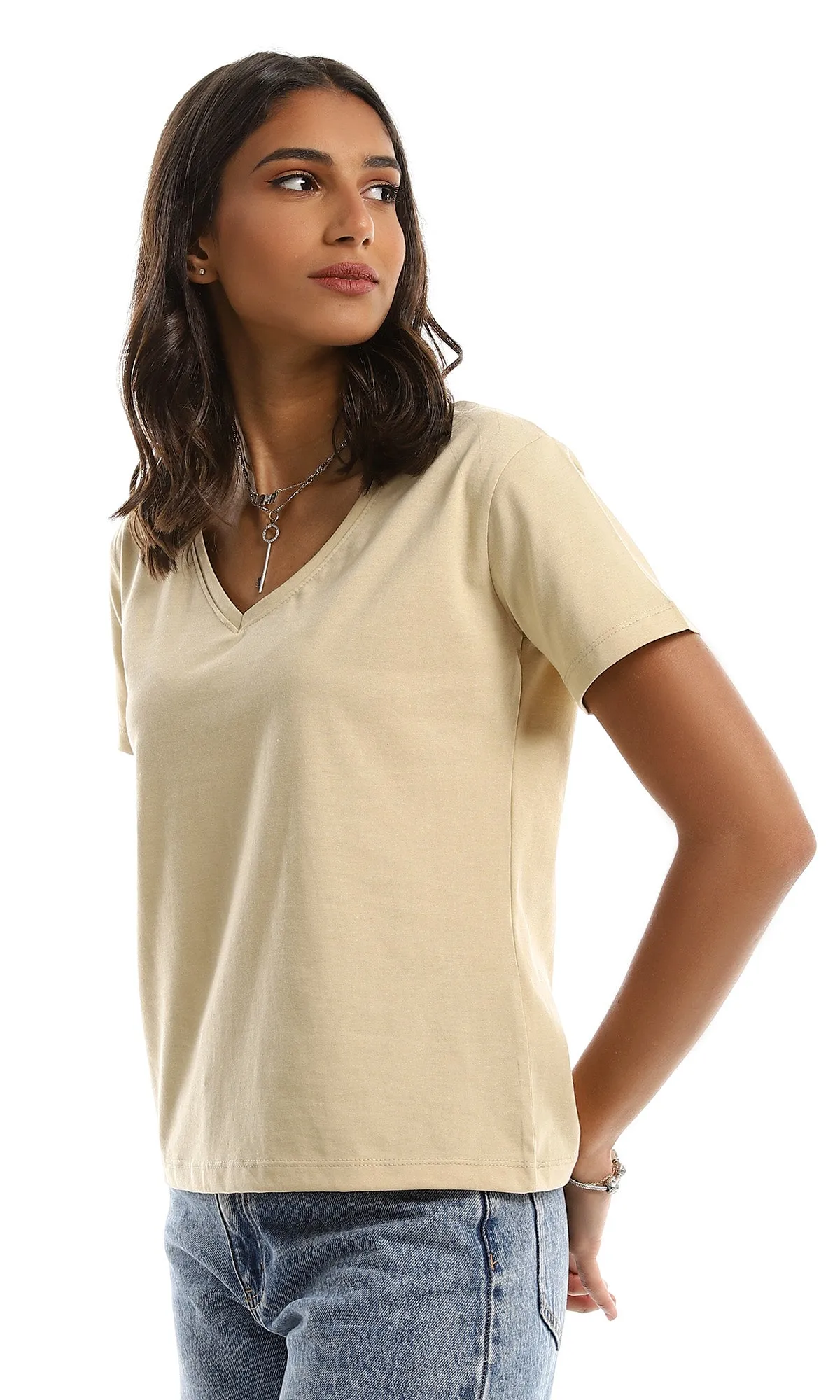 98297 Short Sleeves Dark Beige Plain Basic Tee
