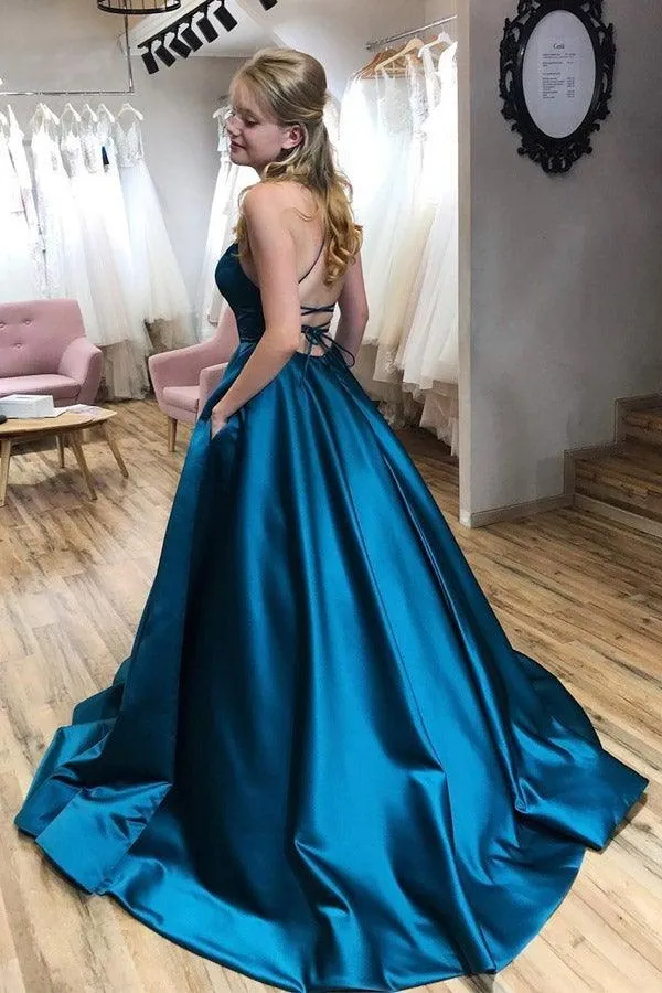 A-line Scoop Neck Simple Cross Straps Prom Dresses With Pockets PSK240