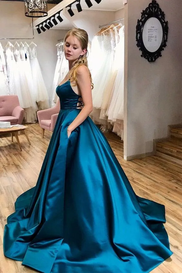 A-line Scoop Neck Simple Cross Straps Prom Dresses With Pockets PSK240