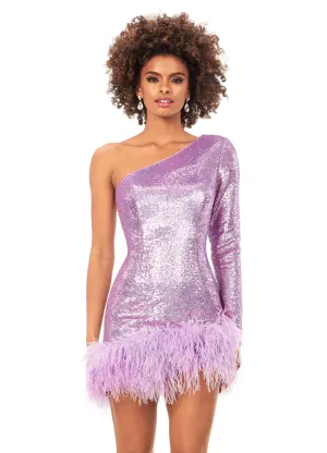 Ashley Lauren 4542 Sequin Cocktail Dress with Feathers One Shoulder Long Sleeve