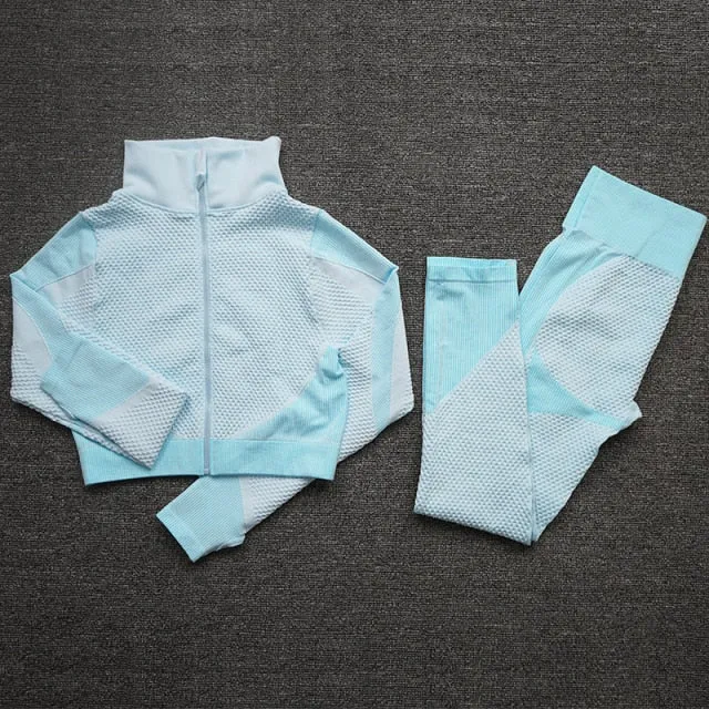 Baby Blue Seamless High Waist Leggings and Cropped Top Yoga Set