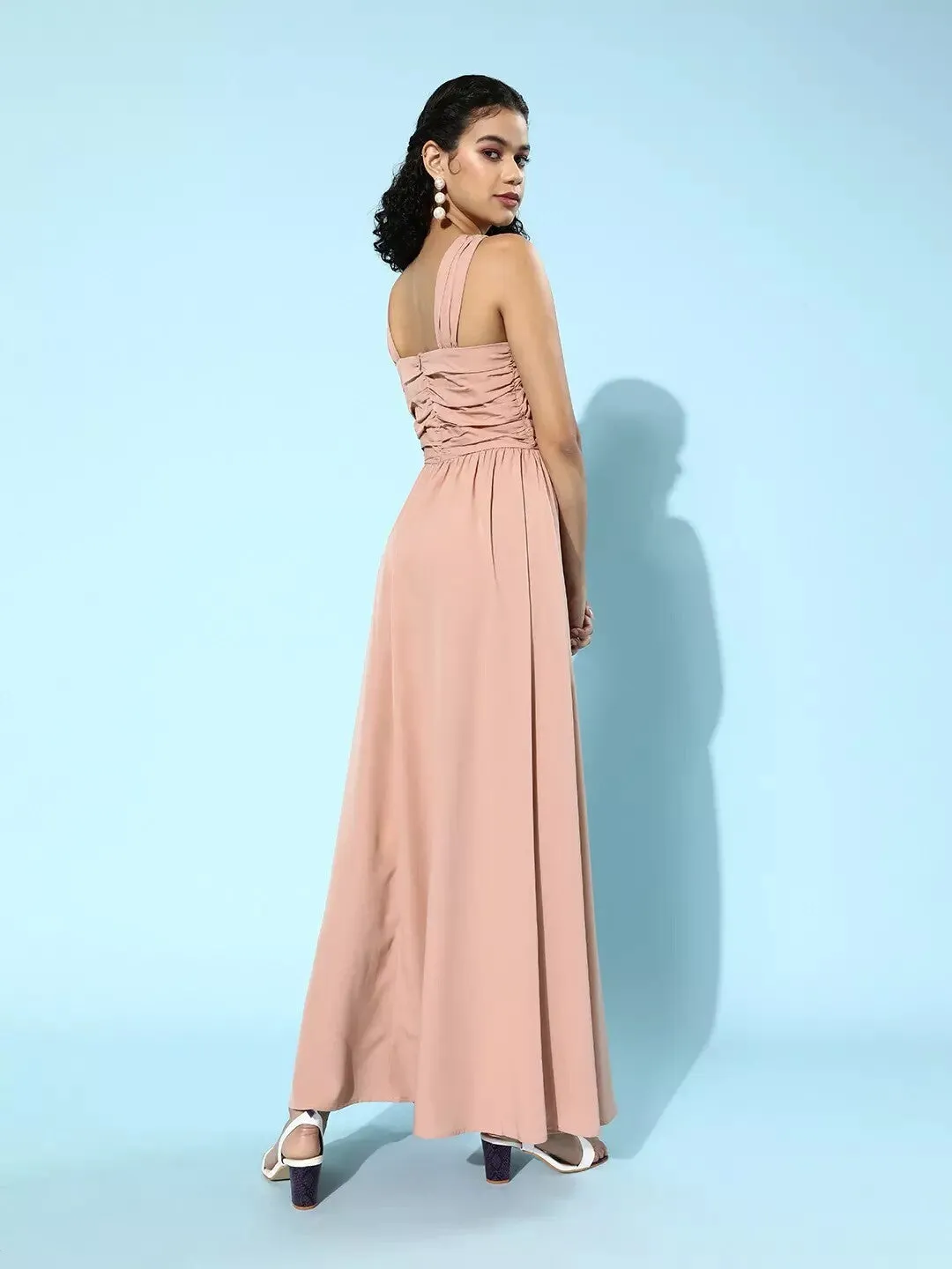 Berrylush Women Solid Pink Sleeveless Halter Maxi Dress