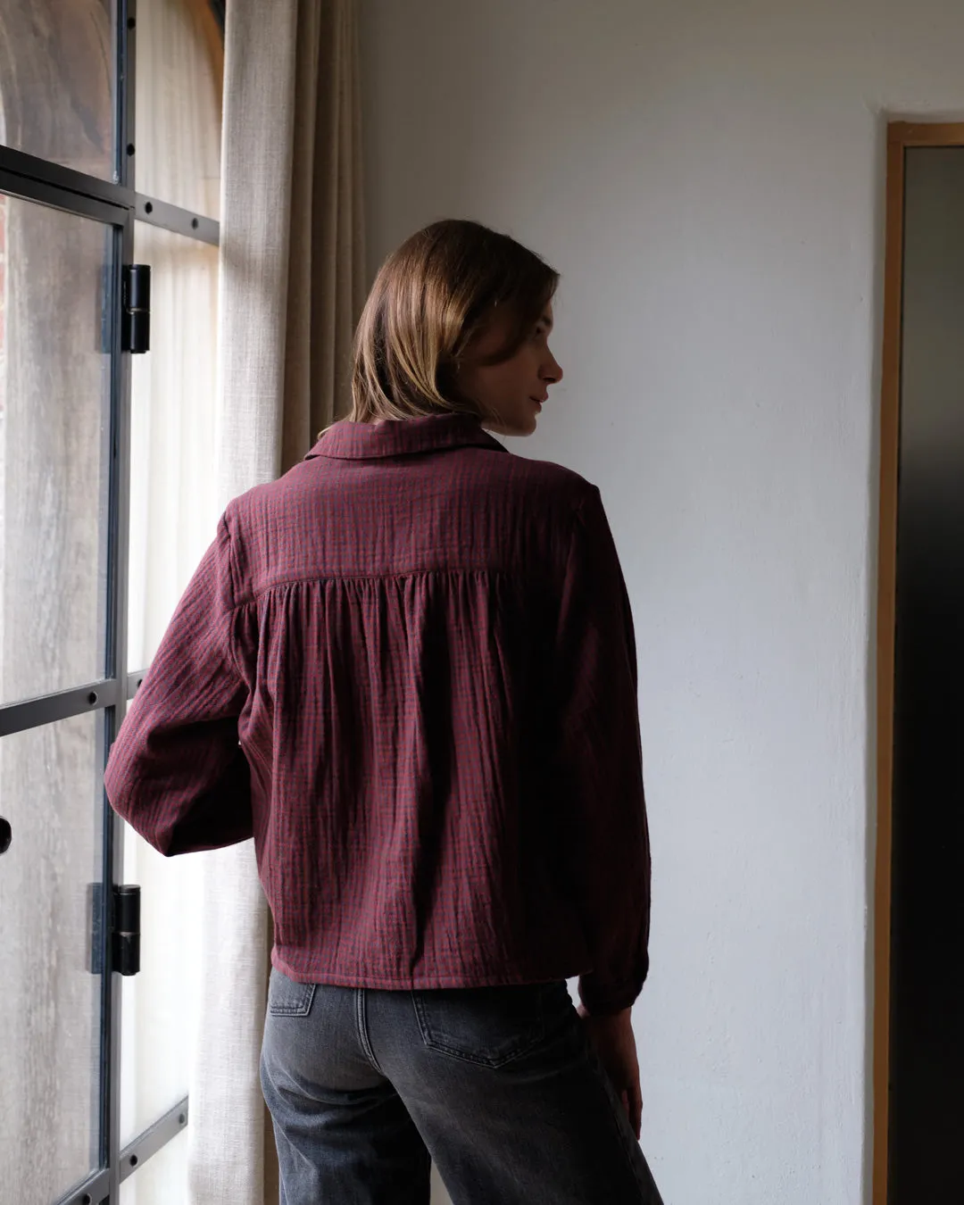BIBICO Ada Cropped Blouse in Little Check Rust