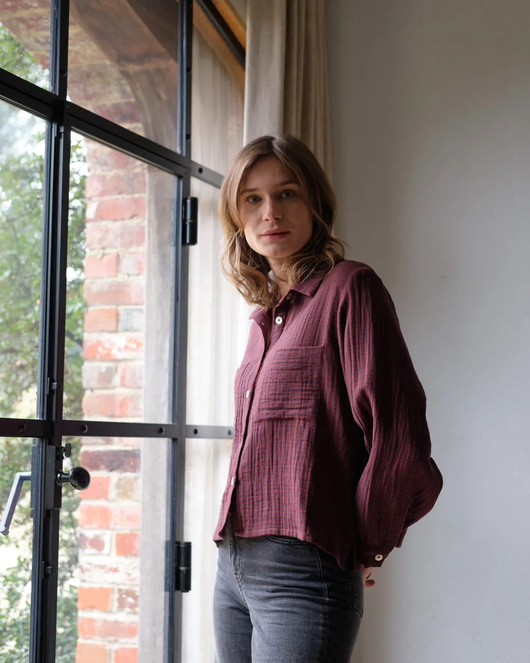 BIBICO Ada Cropped Blouse in Little Check Rust