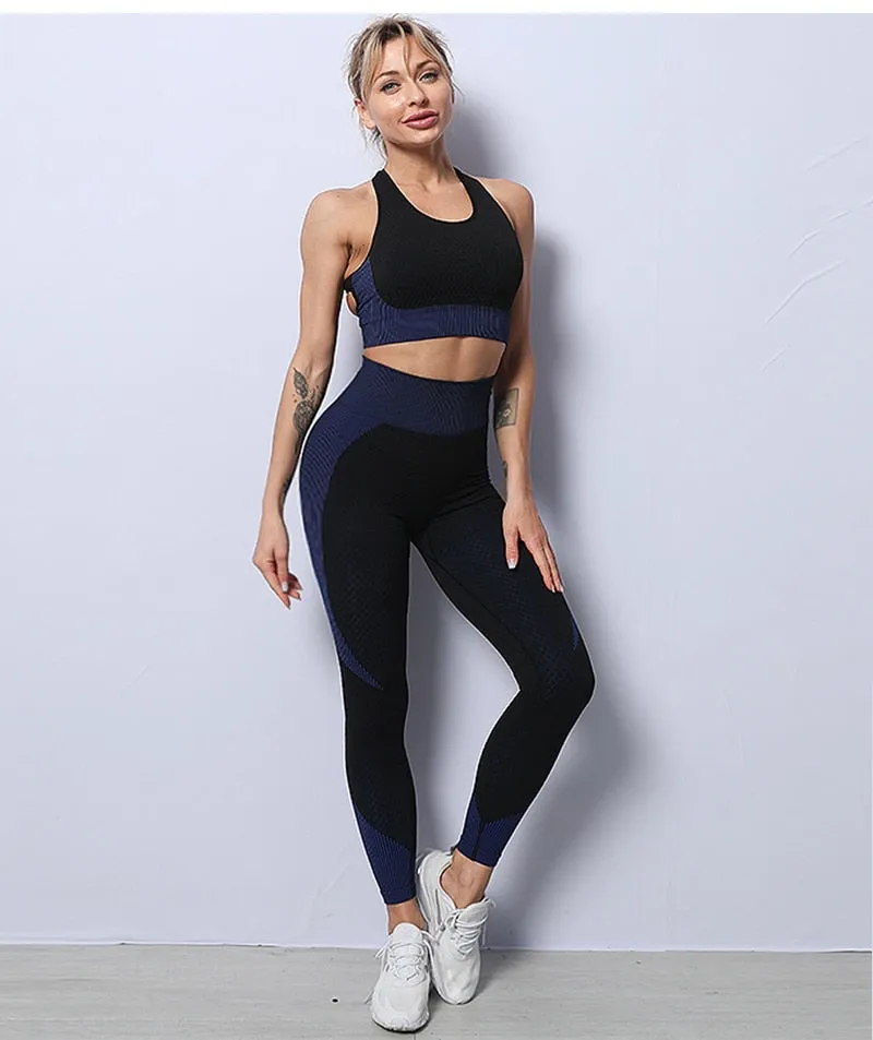 Black and Blue Seamless High Waist Leggings and Padded Sports Bra 3 Piece Yoga Set