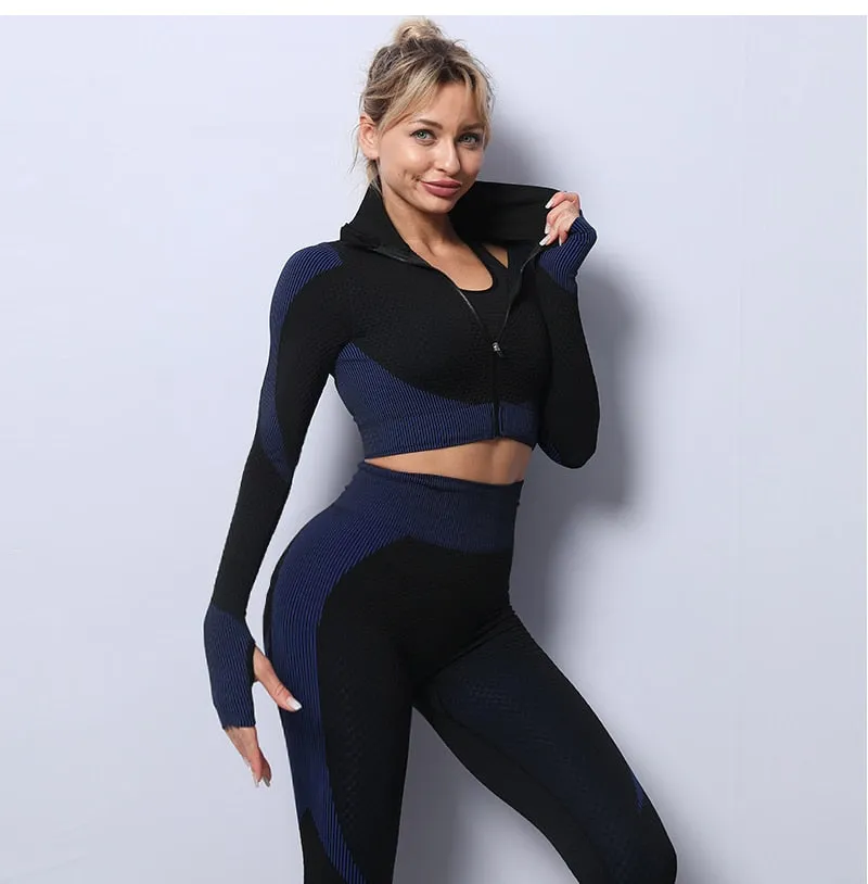 Black and Blue Seamless High Waist Leggings and Padded Sports Bra 3 Piece Yoga Set