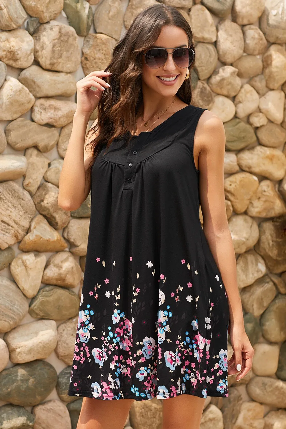 Black Crew Neck A-Line Daily Floral Dress