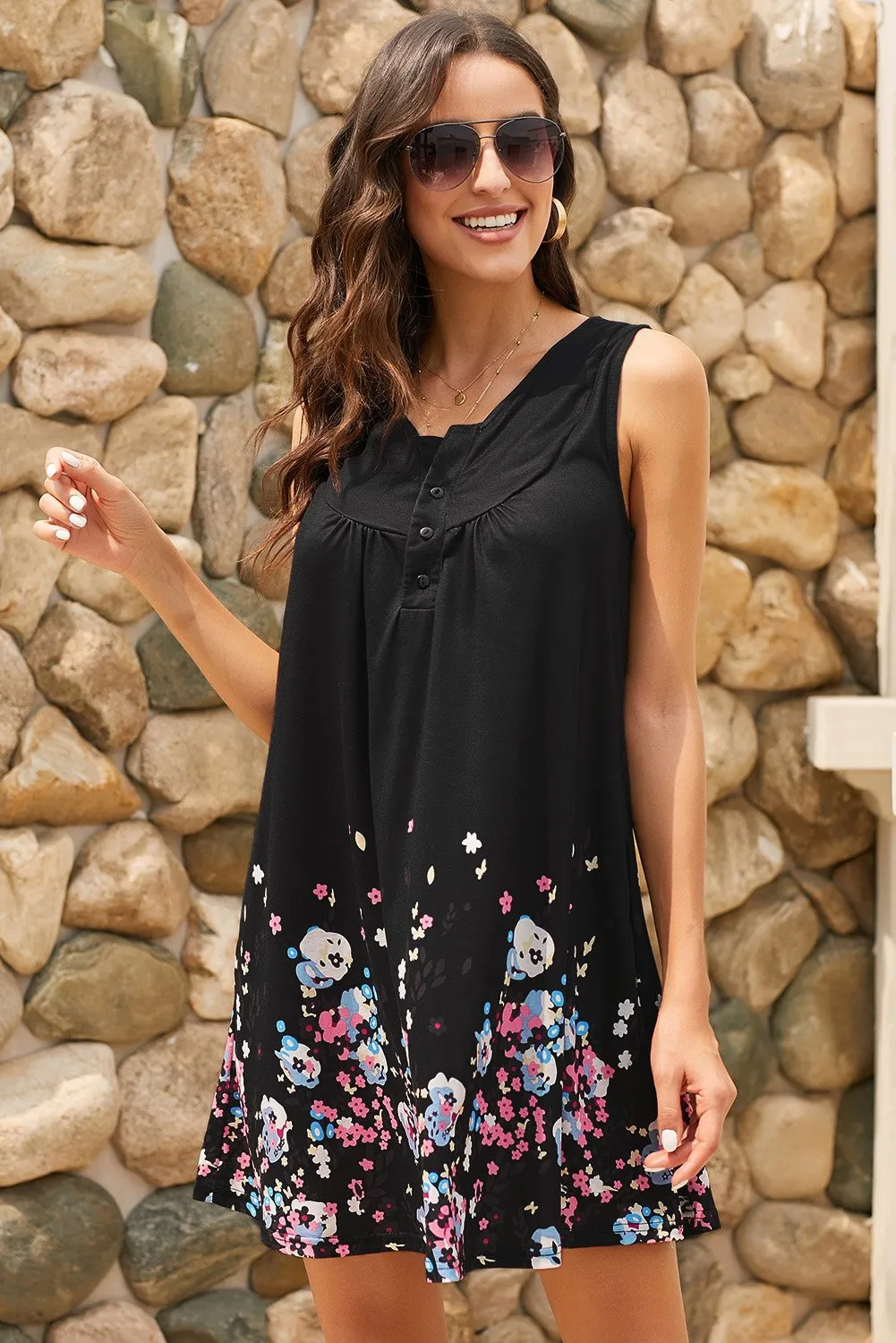 Black Crew Neck A-Line Daily Floral Dress