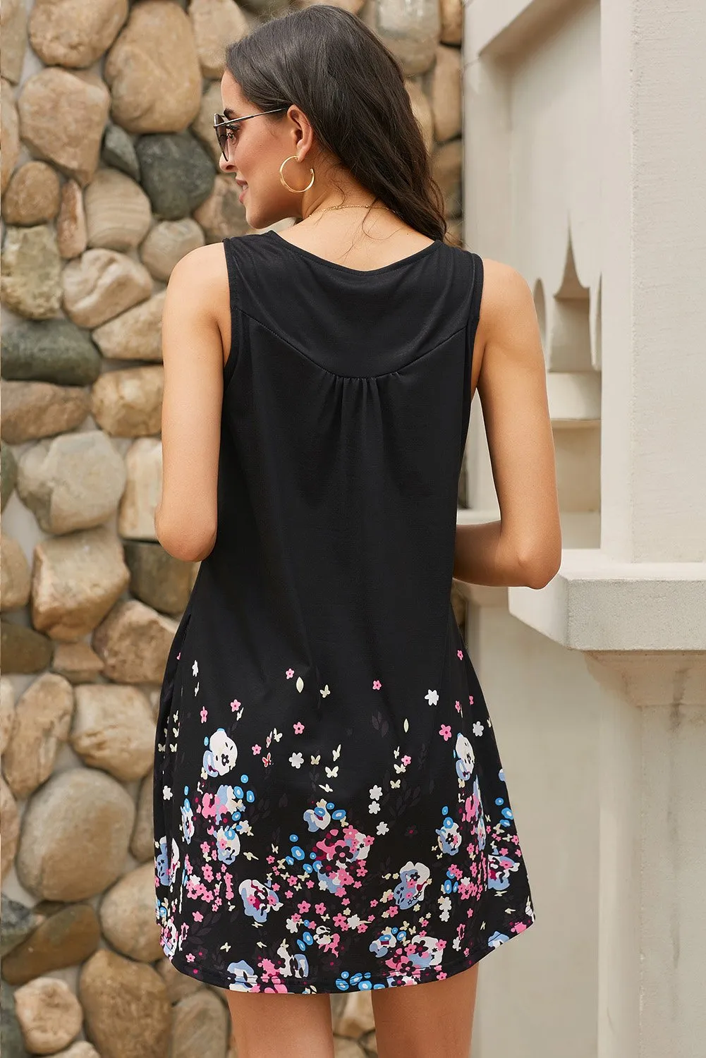Black Crew Neck A-Line Daily Floral Dress