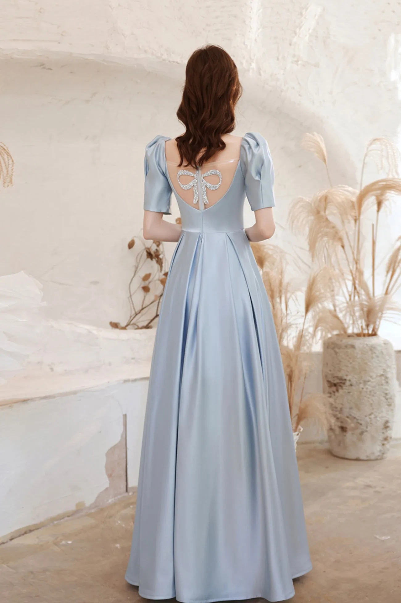 Blue Satin Long A-Line Prom Dress, Blue Short Sleeve Evening Dress