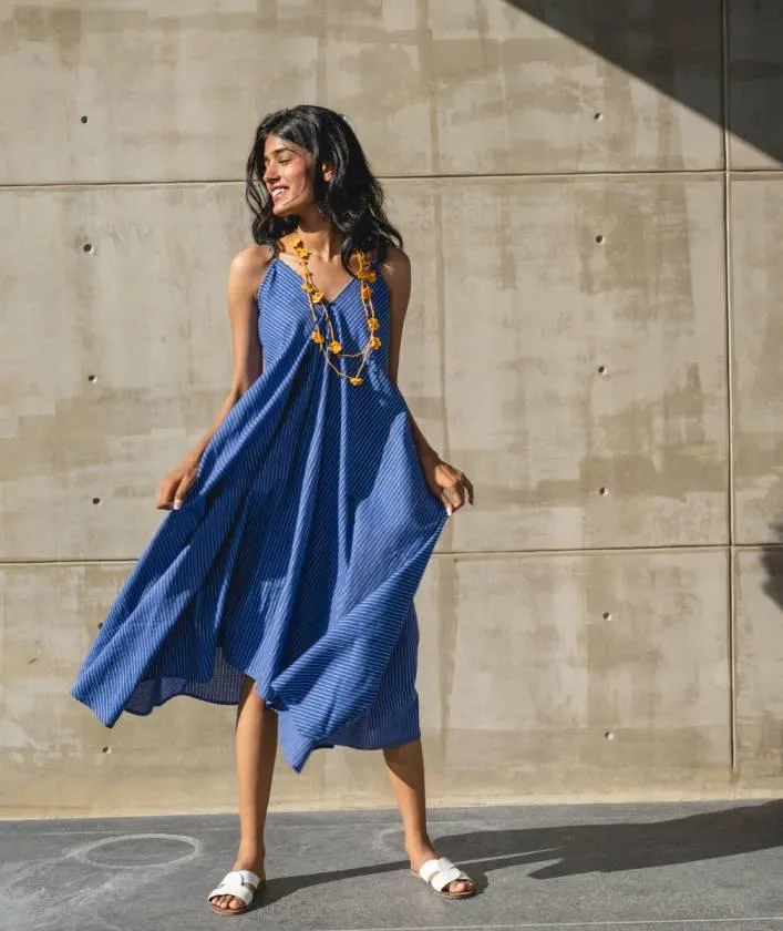 Blue V-Neck Striped Cotton Dress