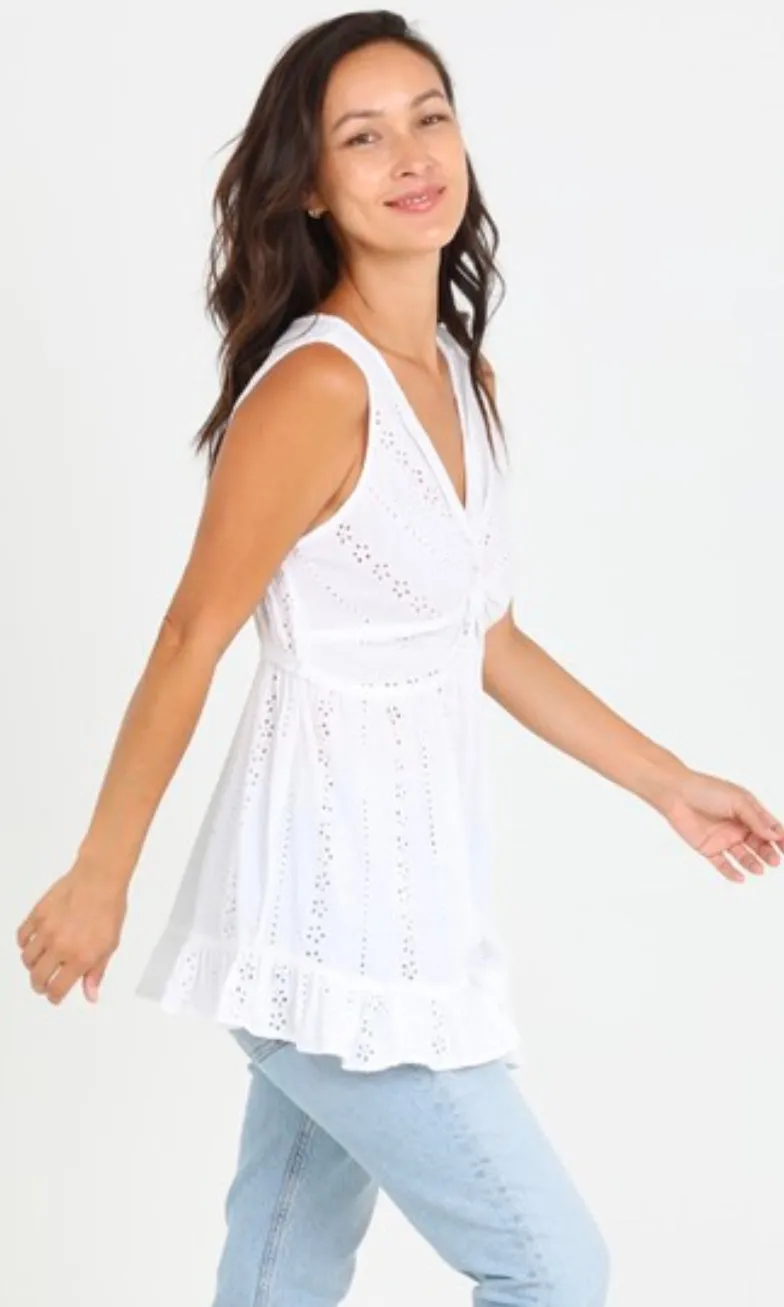 Chellie White Eyelet Embroidered Twist Front Tank Top