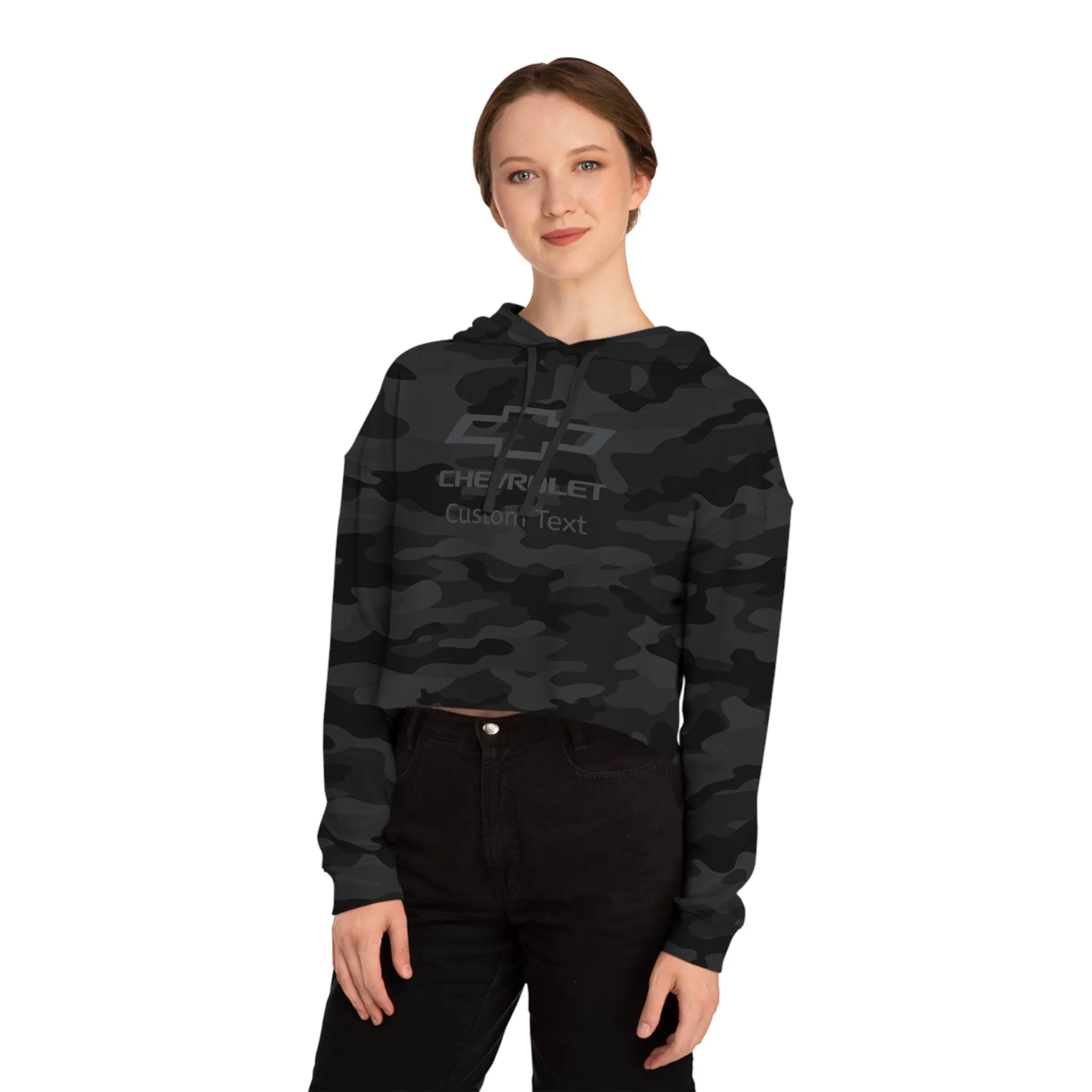 Chevy Bowtie Camo Women's Cropped Hoodie Personalized Sweatshirt, Gift Idea for Chevrolet Enthusiasts and Car Lovers, Relaxed Fit, Adjustable Drawcord Hood