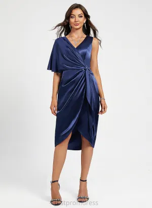 Dress V-neck With Cocktail Cocktail Dresses Pleated Emmy Charmeuse Sheath/Column Asymmetrical Split Front