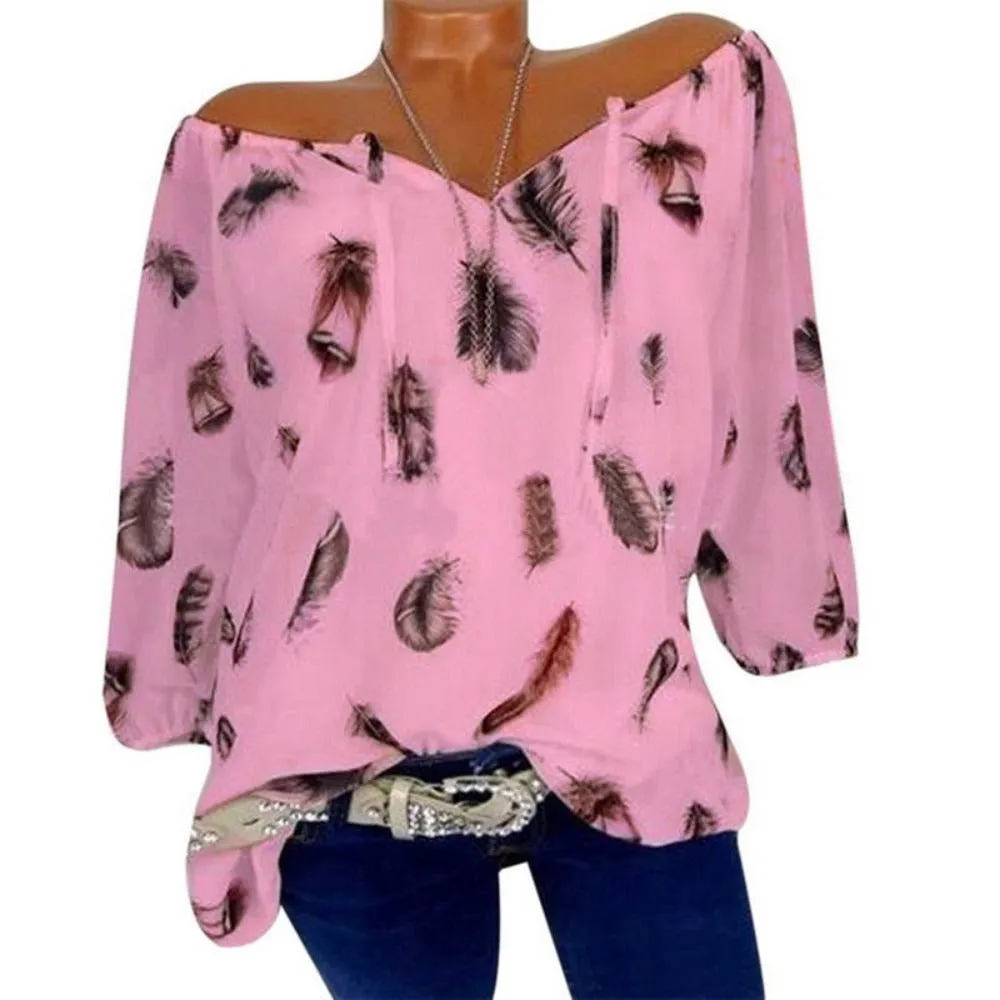 Feather Half Sleeve V Neck Loose Blouse