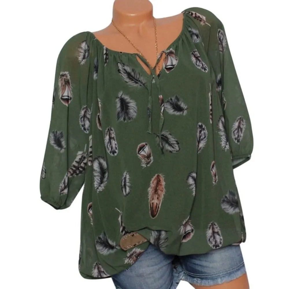 Feather Half Sleeve V Neck Loose Blouse