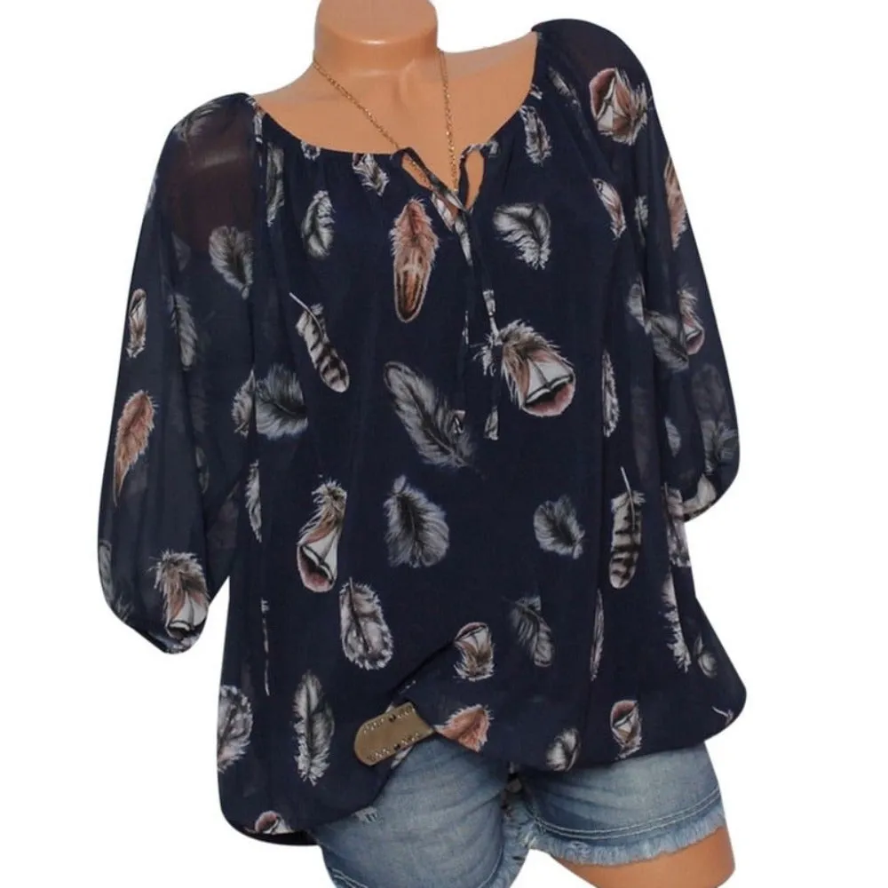 Feather Half Sleeve V Neck Loose Blouse