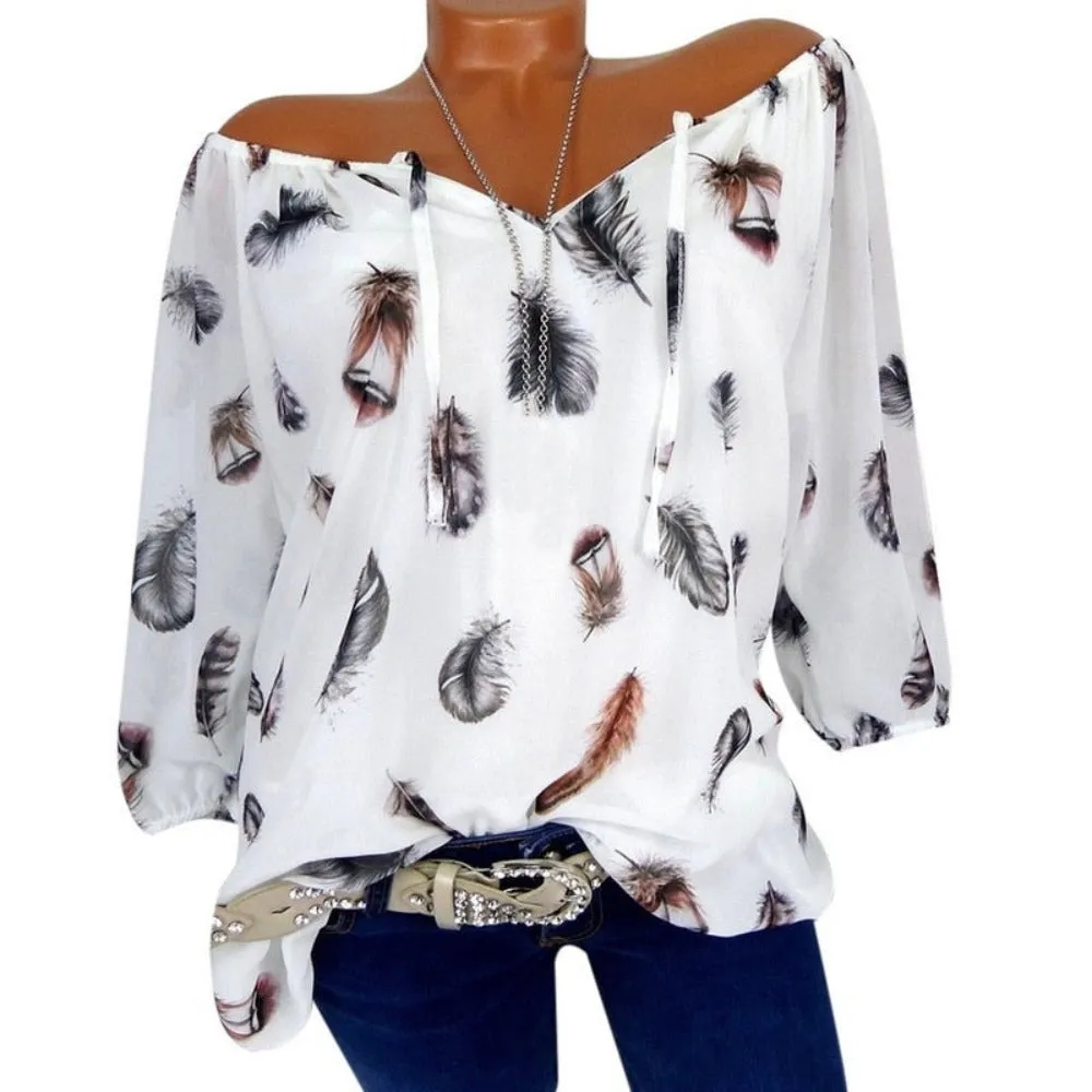 Feather Half Sleeve V Neck Loose Blouse
