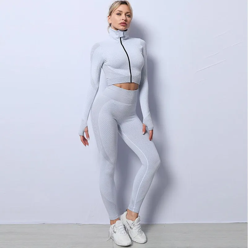 Grey Seamless High Waist Leggings and Padded Sports Bra3 Piece Yoga Set