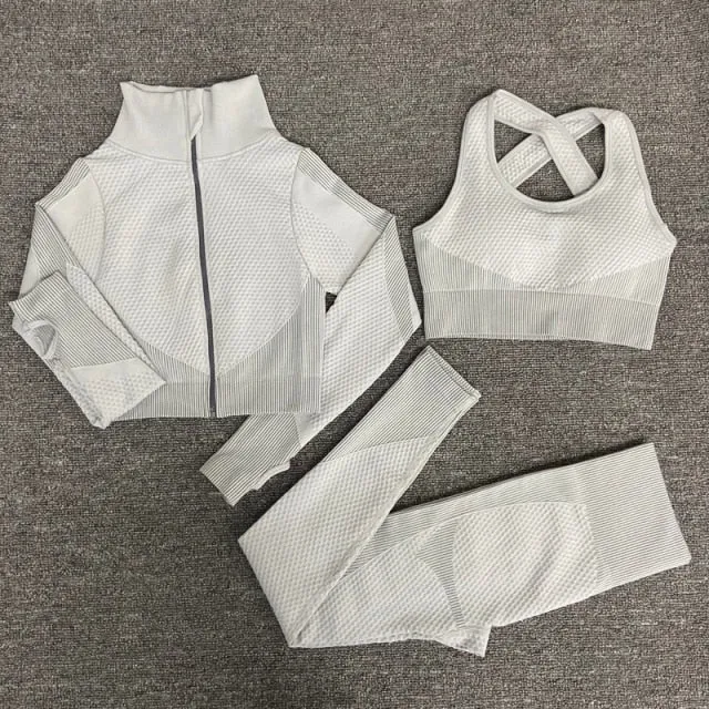 Grey Seamless High Waist Leggings and Padded Sports Bra3 Piece Yoga Set
