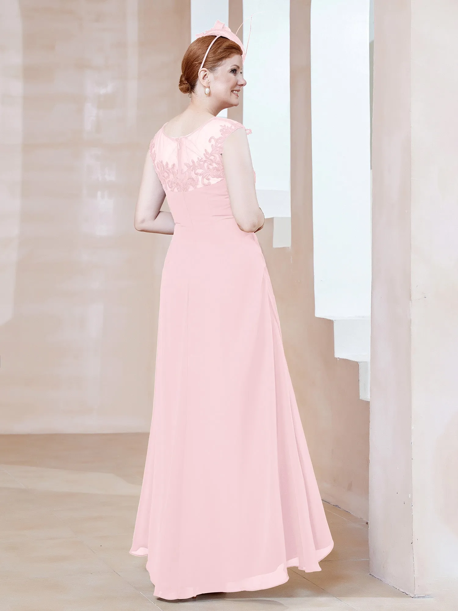 Illusion Lace Neckline Asymmetrical A-Line Dress Blushing Pink
