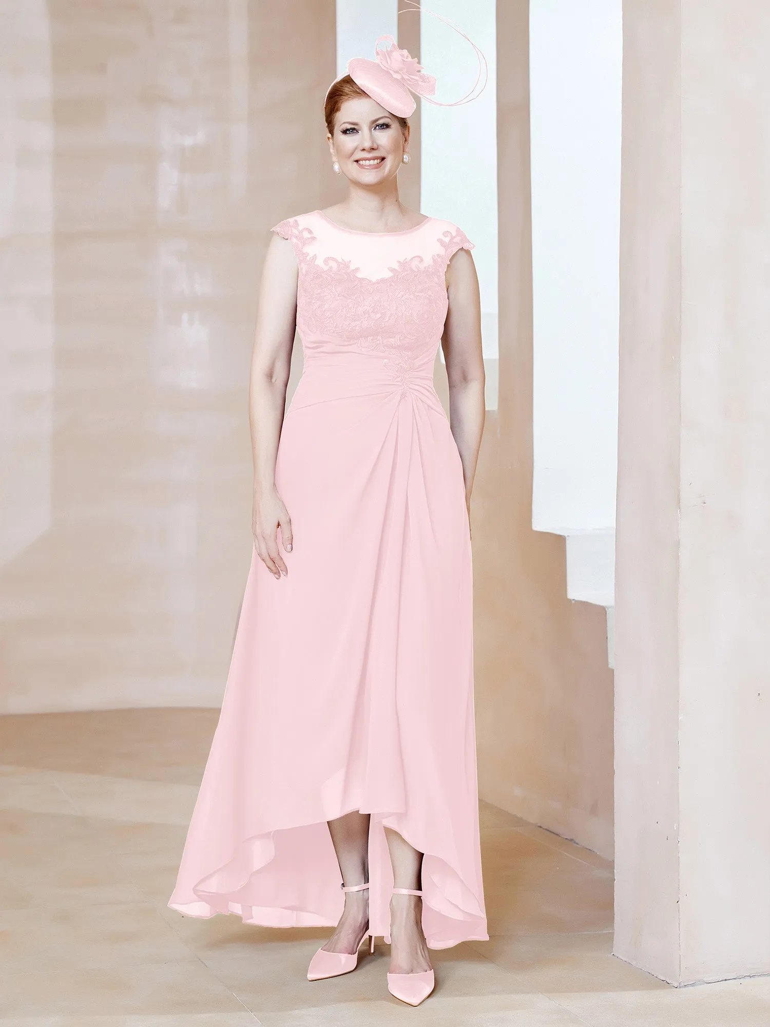 Illusion Lace Neckline Asymmetrical A-Line Dress Blushing Pink
