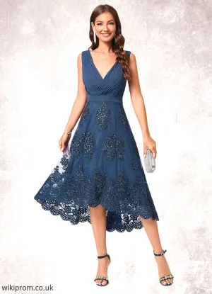Jazlynn A-line V-Neck Asymmetrical Chiffon Lace Sequin Cocktail Dress With Pleated Sequins SWKP0022288