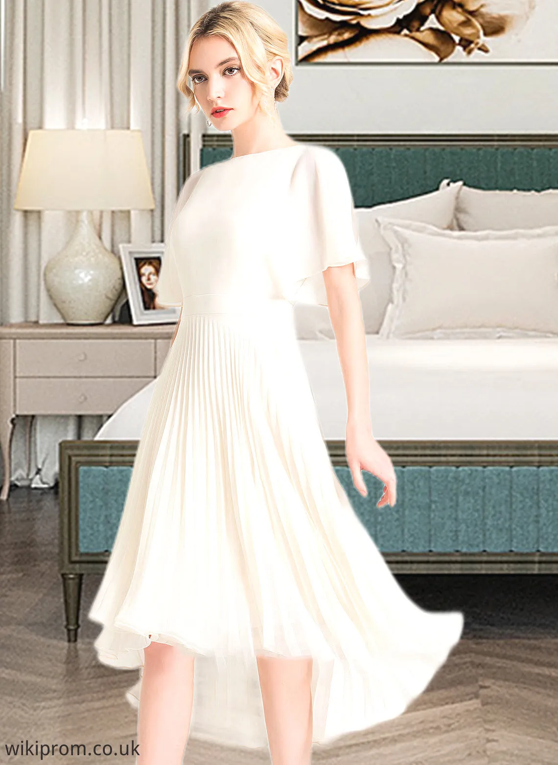 Karli A-Line Scoop Neck Asymmetrical Chiffon Wedding Dress With Pleated SWKP0013790