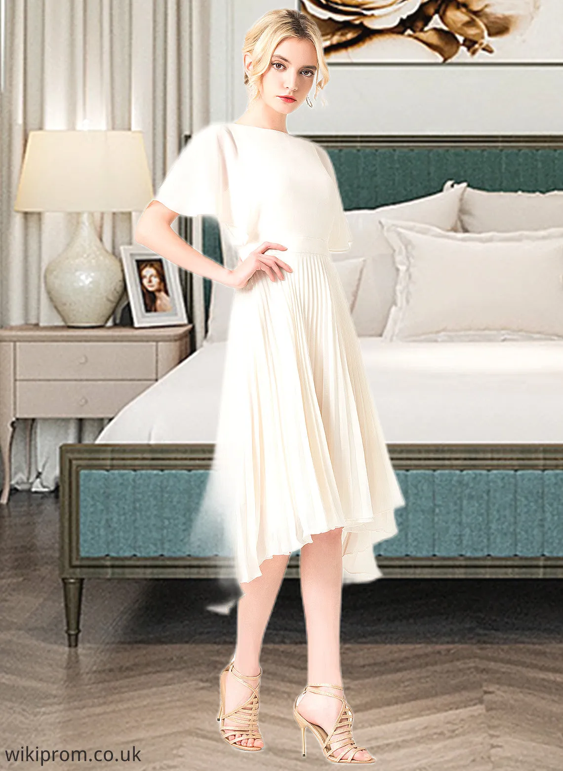 Karli A-Line Scoop Neck Asymmetrical Chiffon Wedding Dress With Pleated SWKP0013790