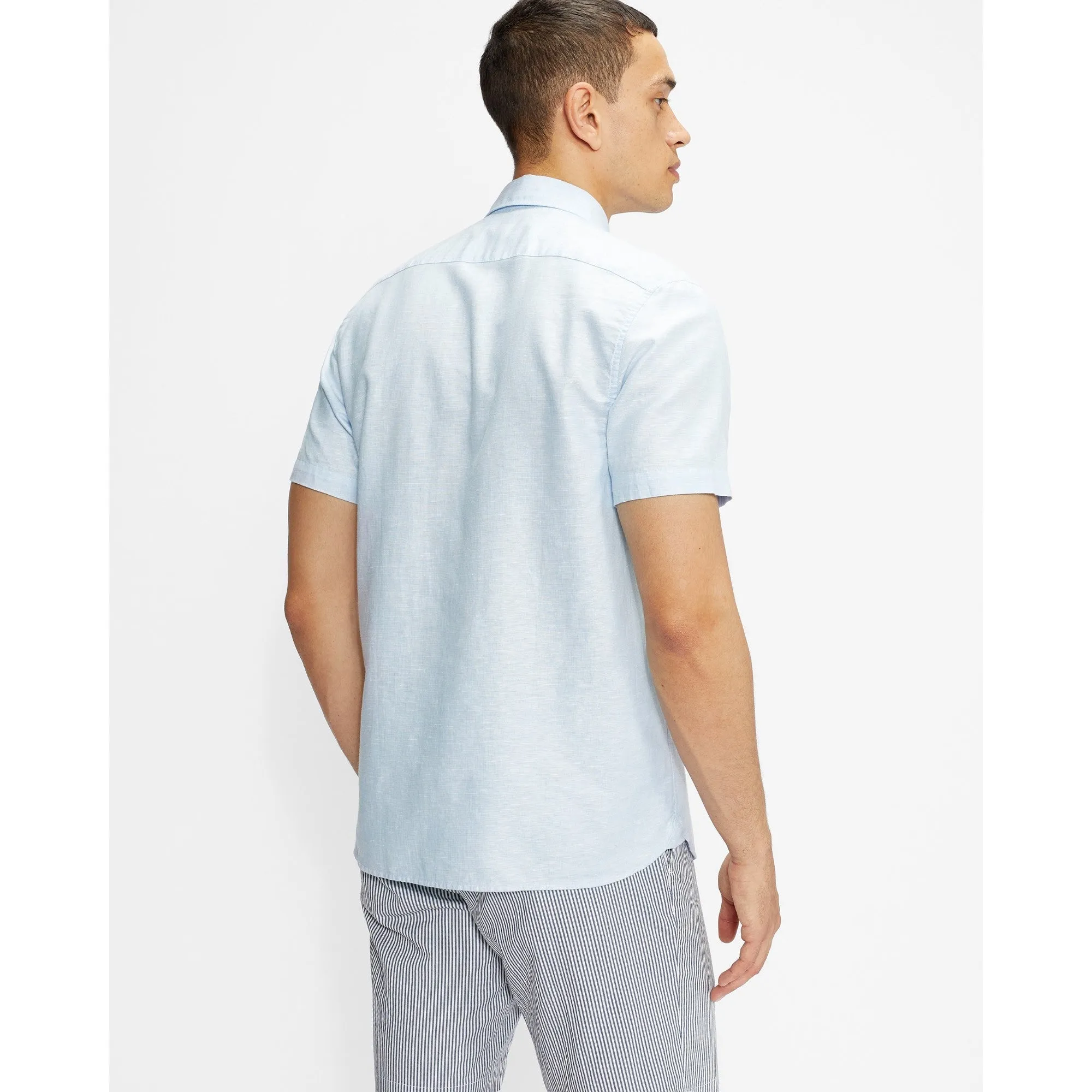 Men Mma-Civiche-Ss Plain Linen Shirt - Lt-Blue