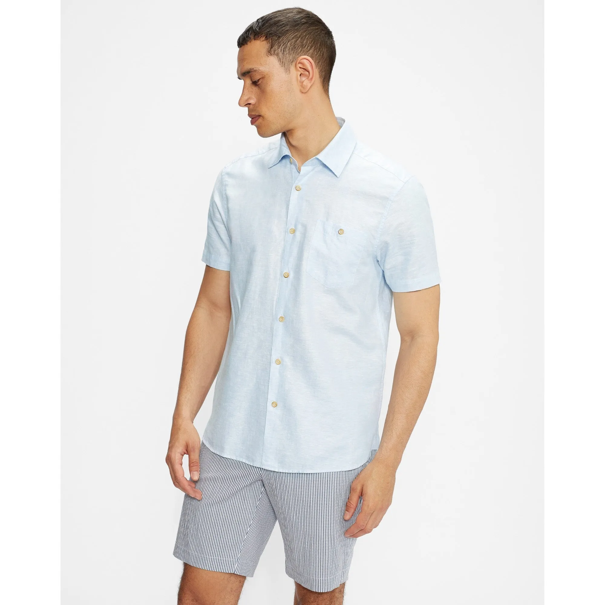 Men Mma-Civiche-Ss Plain Linen Shirt - Lt-Blue