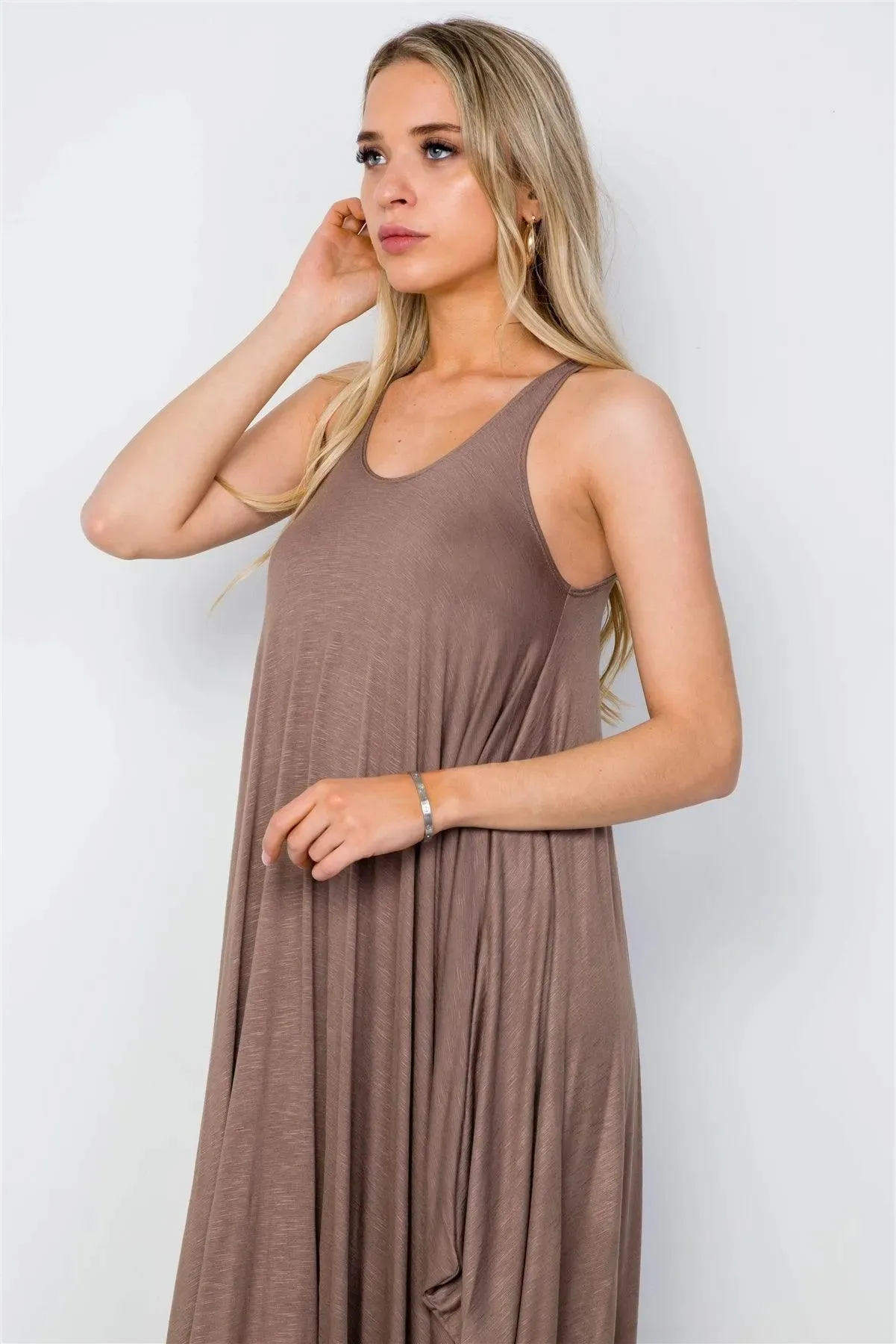 Mocha Basic Loose Fit Sleeveless Midi Dress
