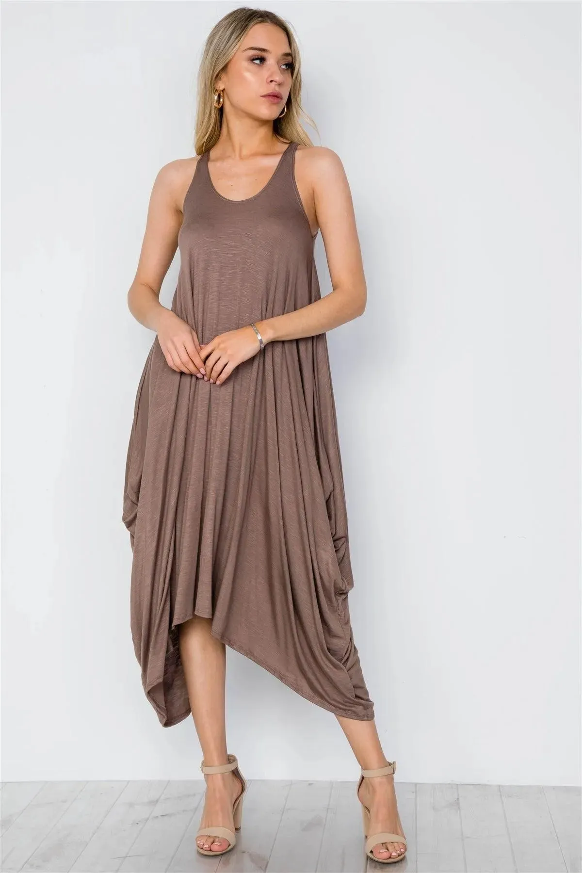 Mocha Basic Loose Fit Sleeveless Midi Dress