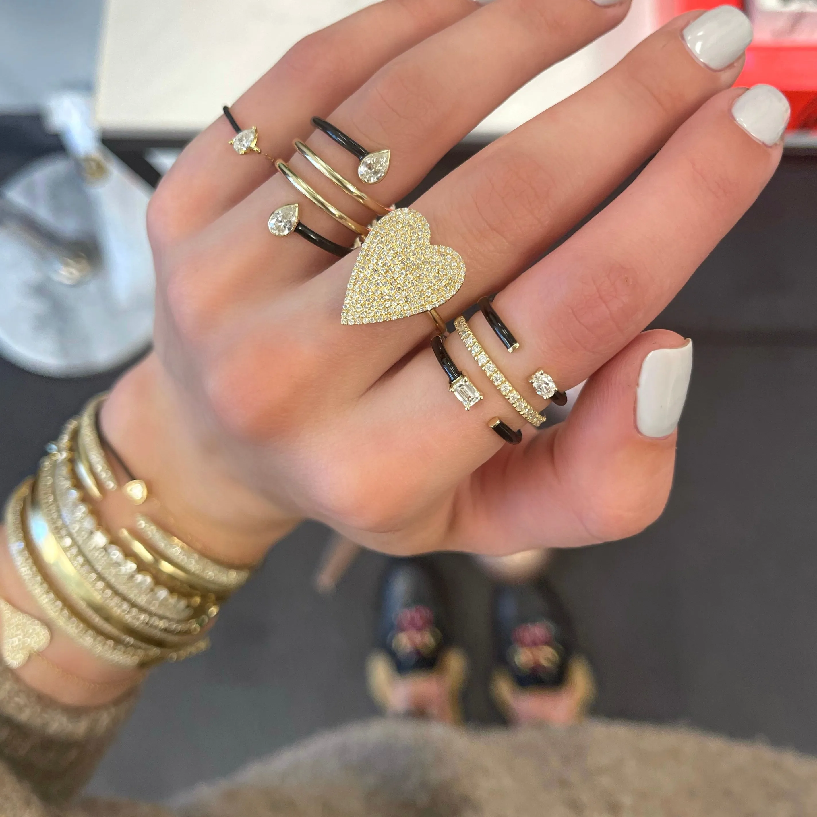 Multishape Triple Row Enamel Diamond Statement Ring