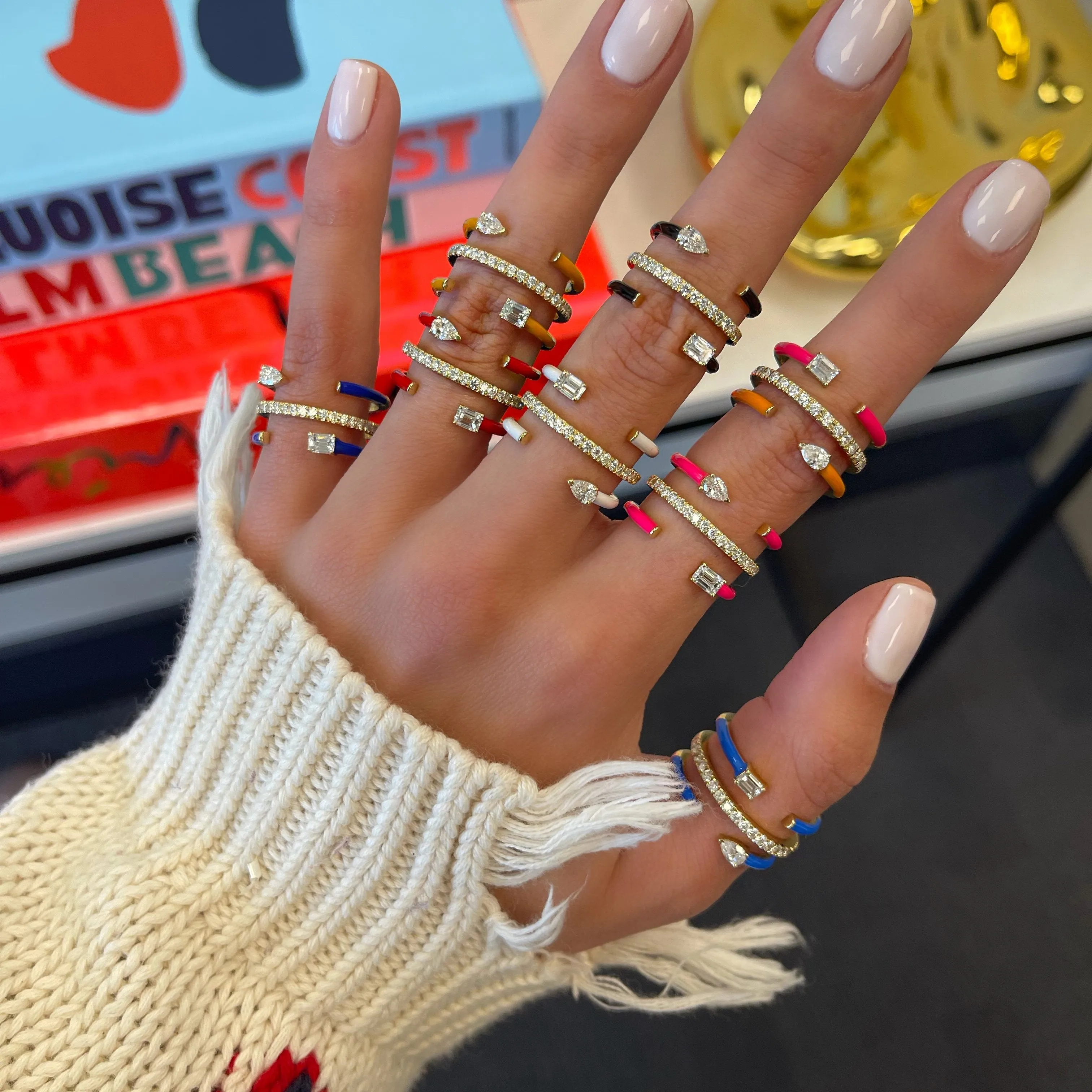 Multishape Triple Row Enamel Diamond Statement Ring