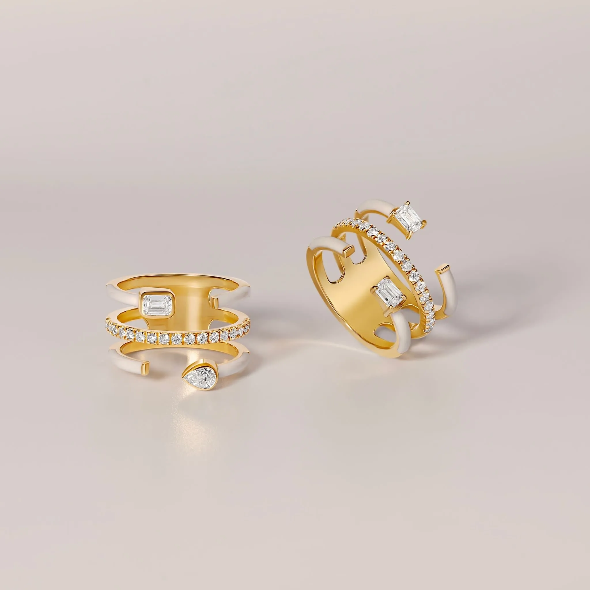 Multishape Triple Row Enamel Diamond Statement Ring