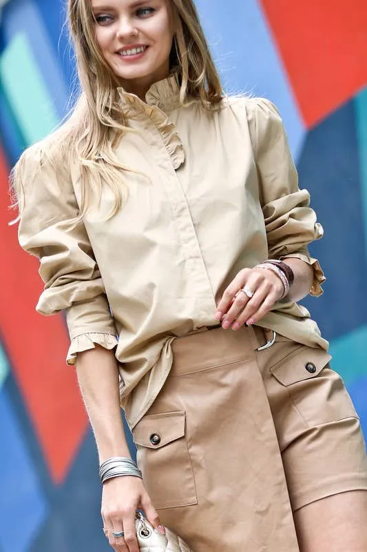 Plus Size Long Sleeve Poplin Shirt with Tall Collar