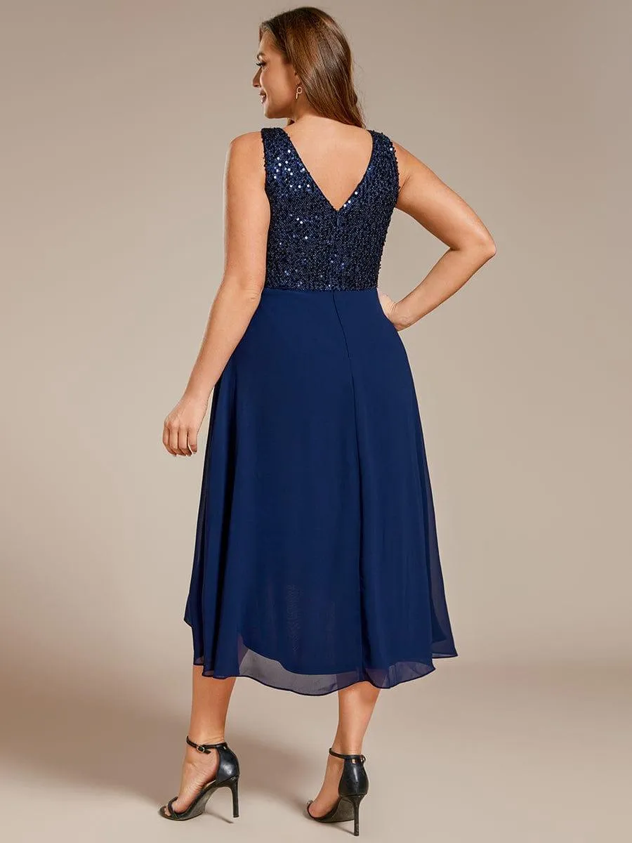 Plus Size Sequin Bodice V-Neck Sleeveless Chiffon Wedding Guest Dress