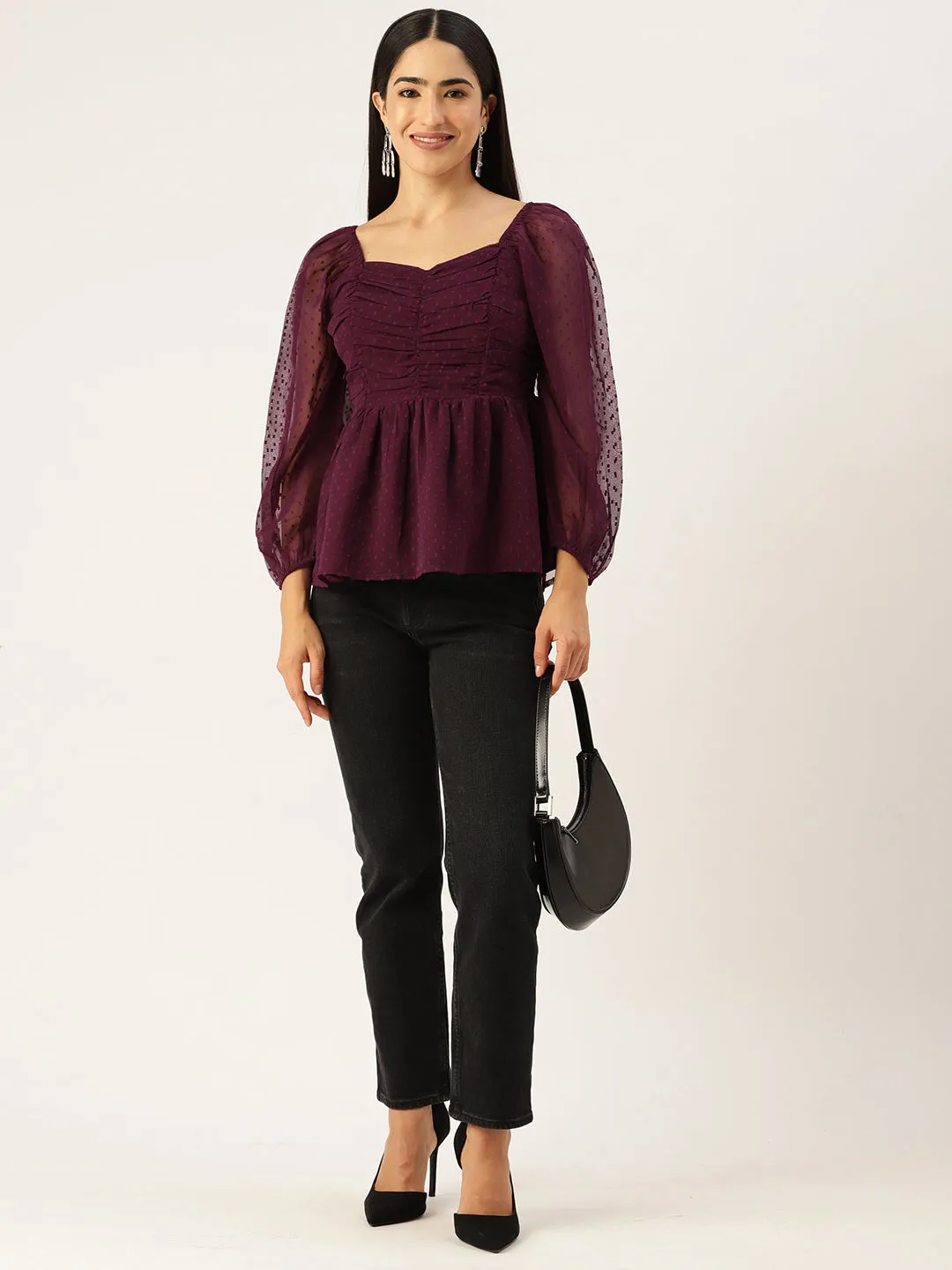 Purple Sweetheart Neck Georgette Peplum Top