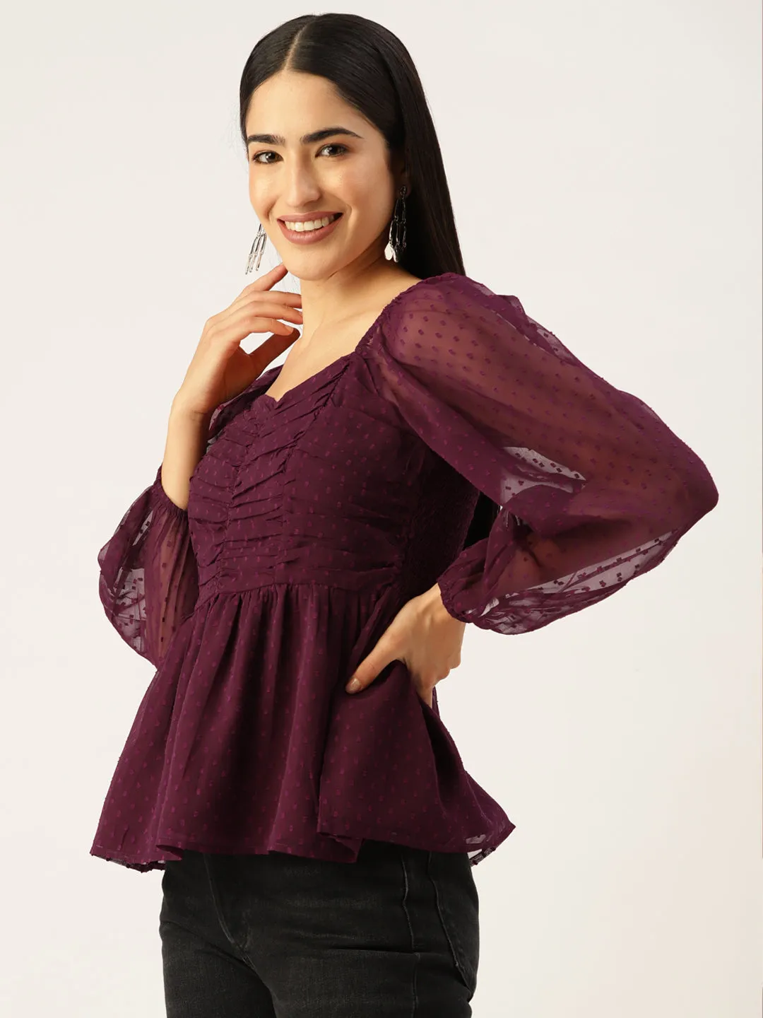 Purple Sweetheart Neck Georgette Peplum Top