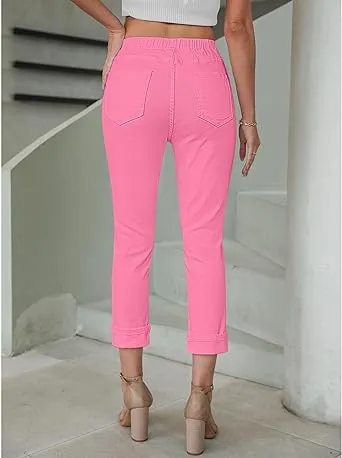 Sachet Pink Women's High Waisted Elastic Slight Stretch Denim Pull On Cuffed Hem Capri Jeans Denim Pants