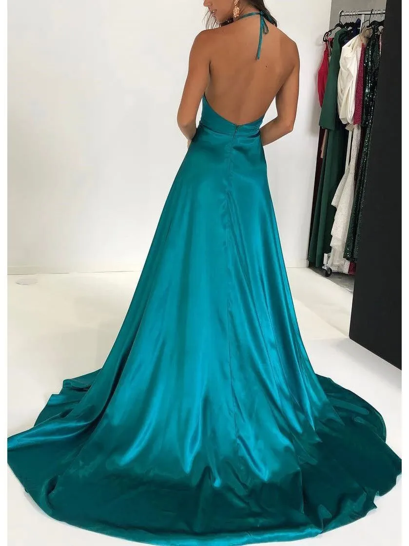 Simple Satin Halter Neckline Chapel Train A-line Prom Dresses With Slit PD197