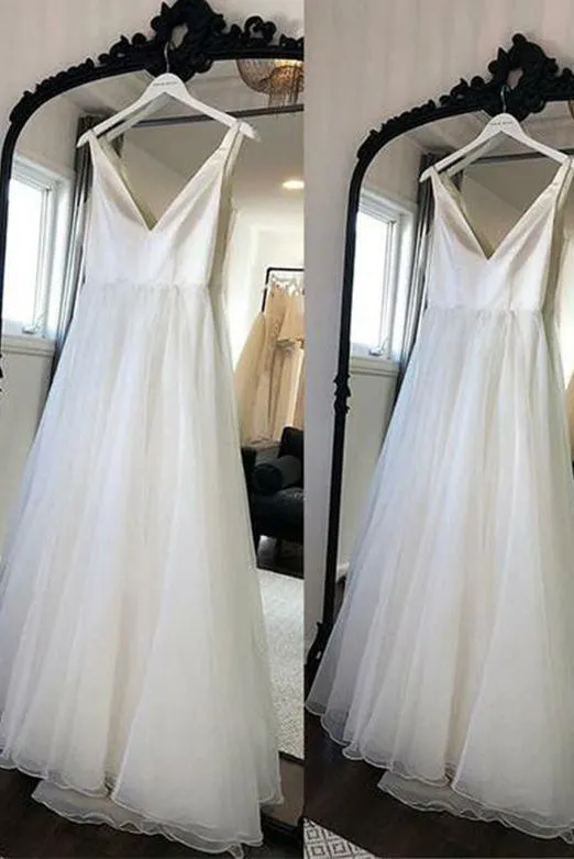 Simple V Neck Beach Wedding Dresses Long White Tulle with Ruffles PDA171