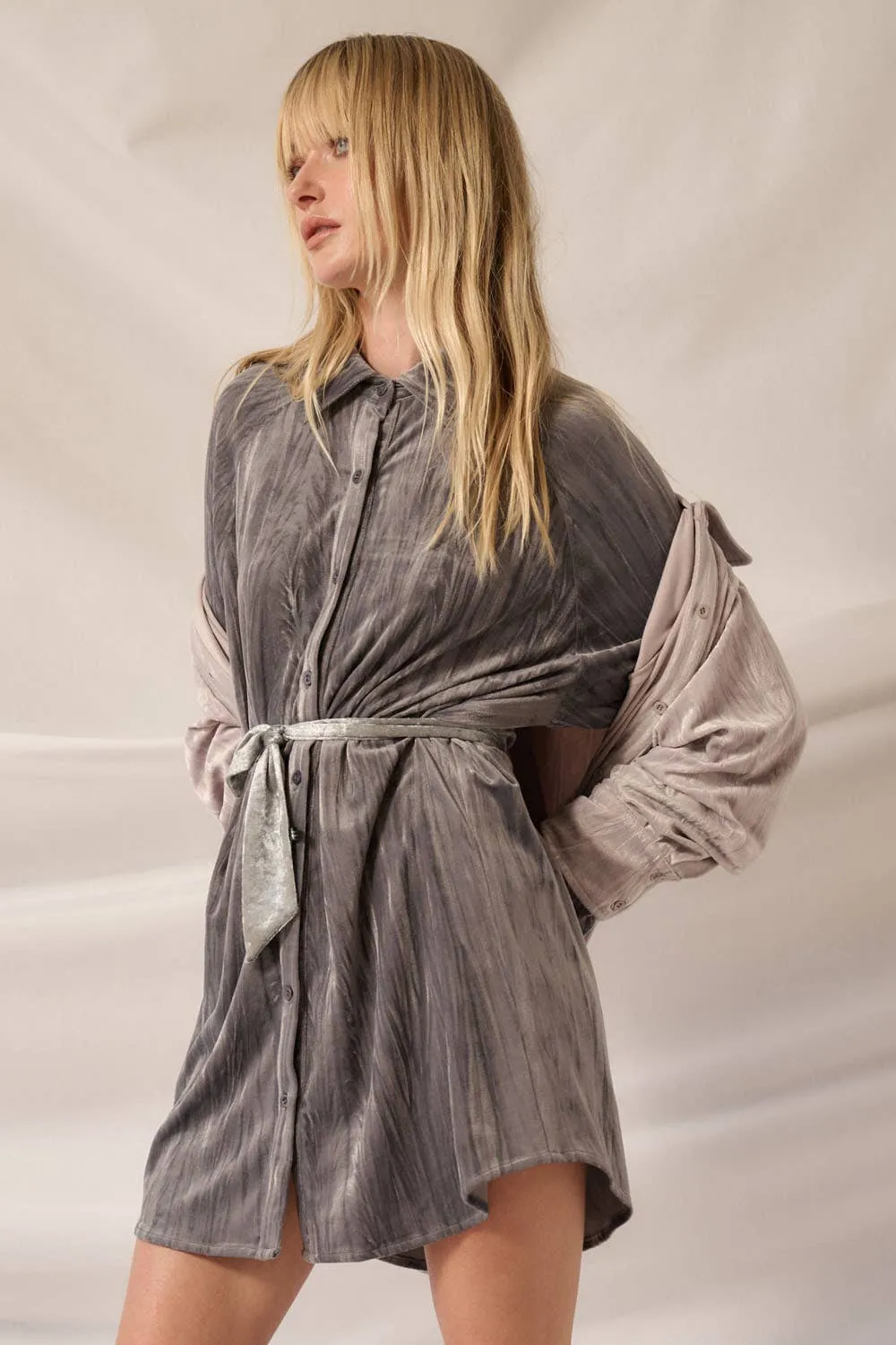 So Cool Metallic Crinkle Velvet Button-Up Mini Shirt Dress