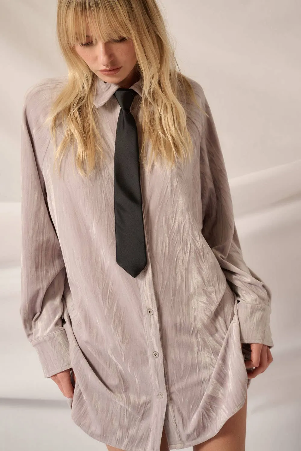 So Cool Metallic Crinkle Velvet Button-Up Mini Shirt Dress
