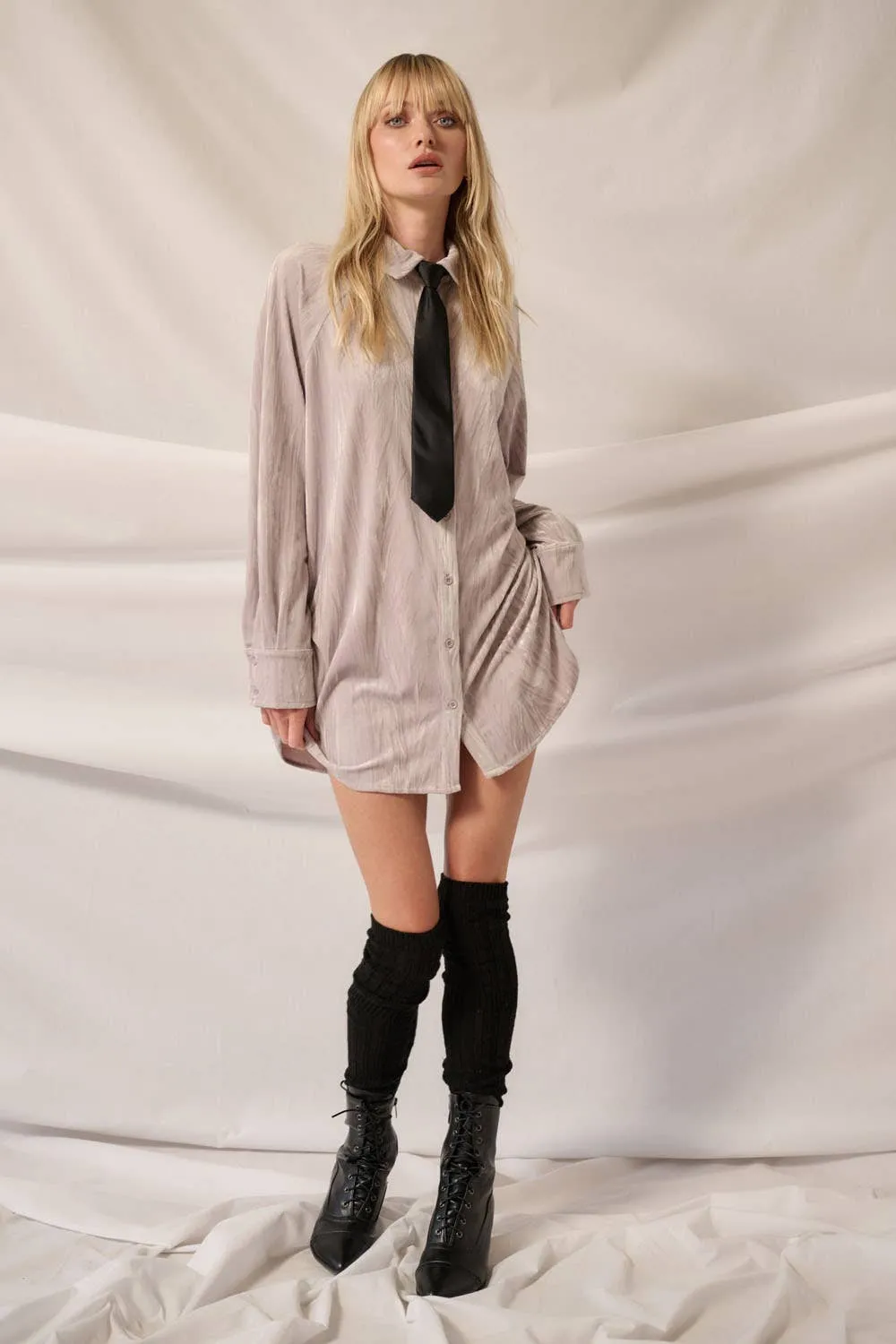 So Cool Metallic Crinkle Velvet Button-Up Mini Shirt Dress