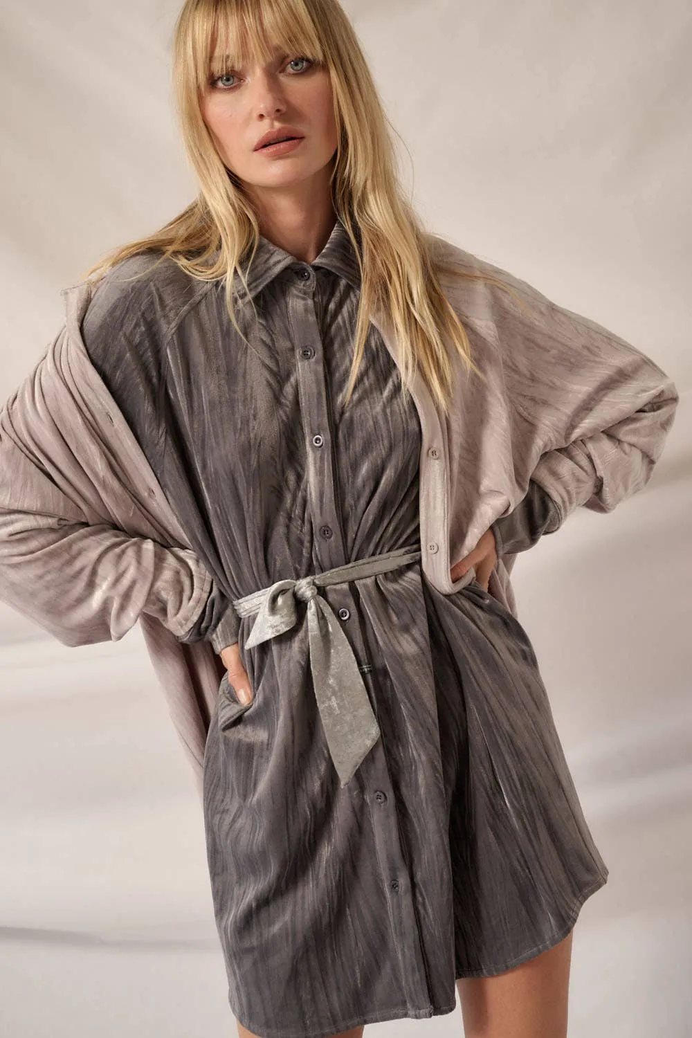 So Cool Metallic Crinkle Velvet Button-Up Mini Shirt Dress