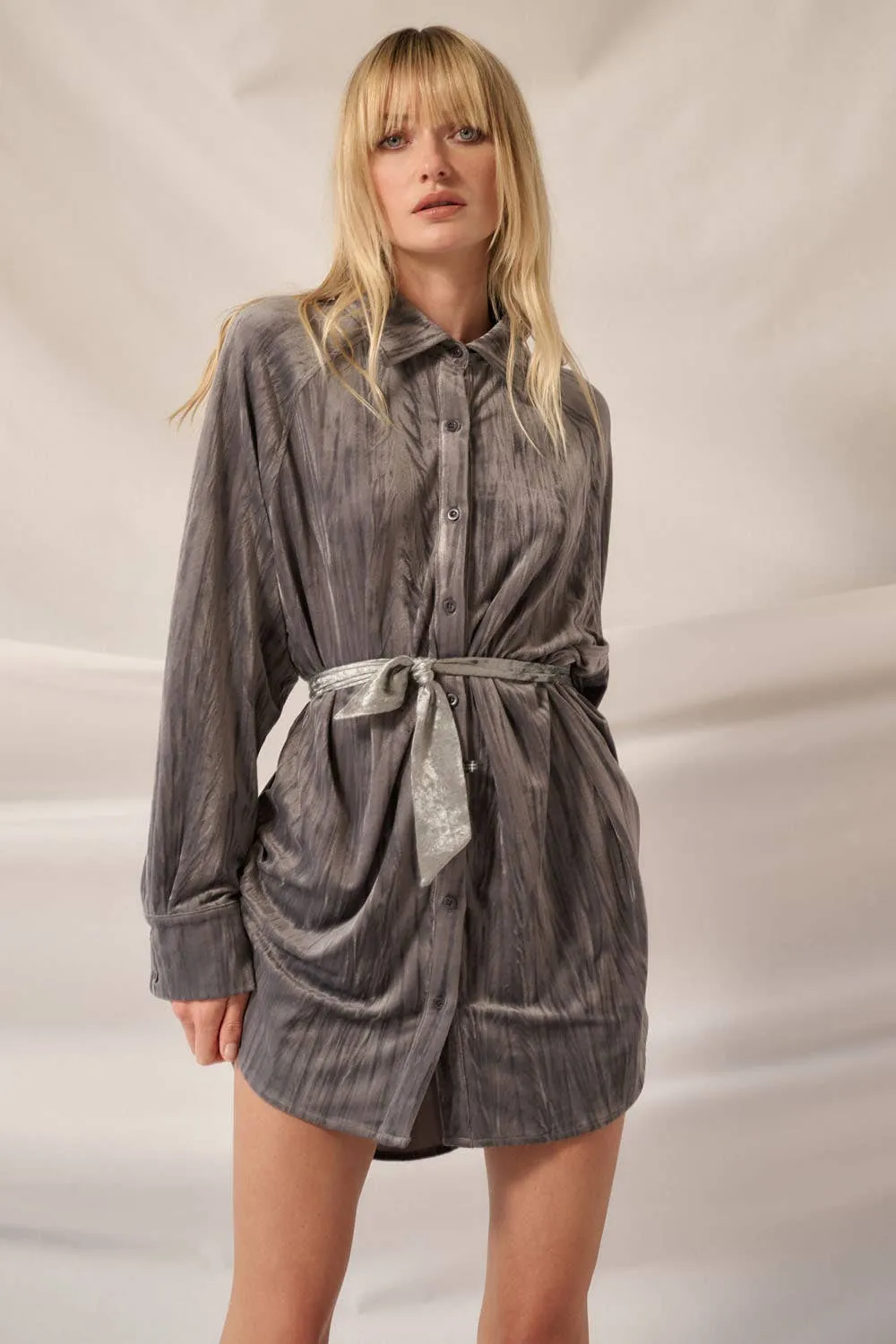 So Cool Metallic Crinkle Velvet Button-Up Mini Shirt Dress